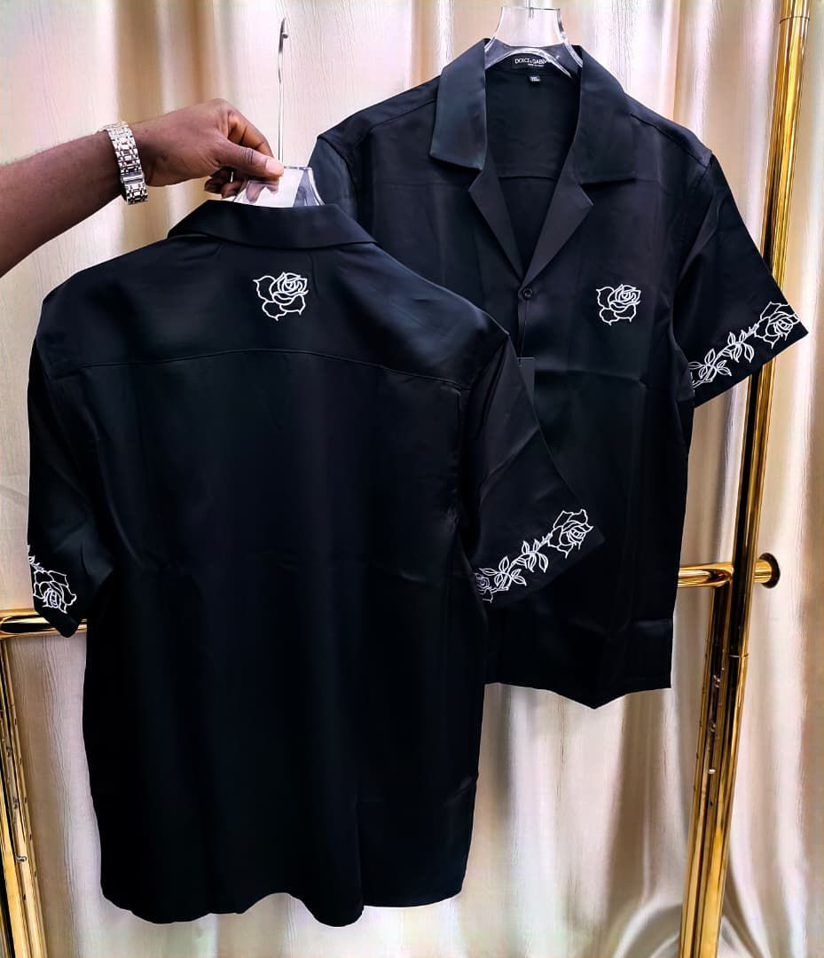 Glossy White Satin Shirt Rose Vine Embroidery Short Sleeve Camp Collar Button Up Luxury Smart Casual Unisex Top