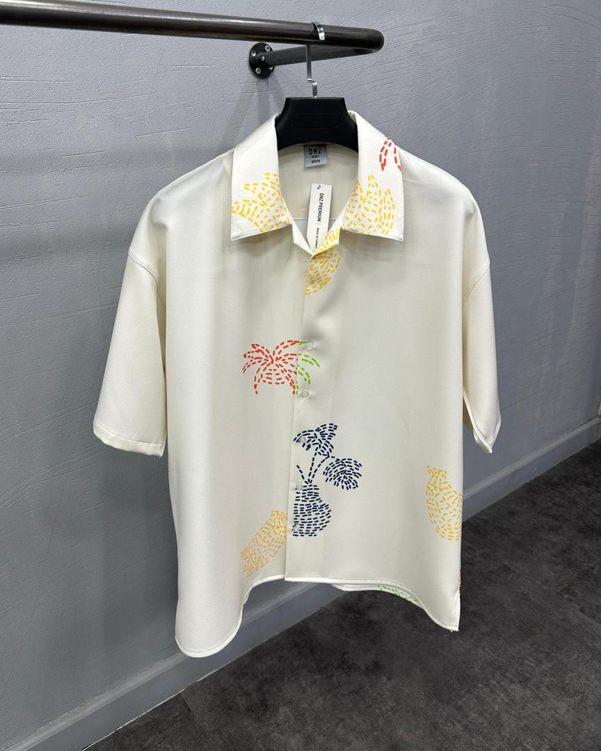Men's Premium Off-White Resort Shirt - Abstract Palm Embroidery Short Sleeve Button-Down - Summer Vacation Luxury Casual Shirt - Loose Fit Camp Collar Top