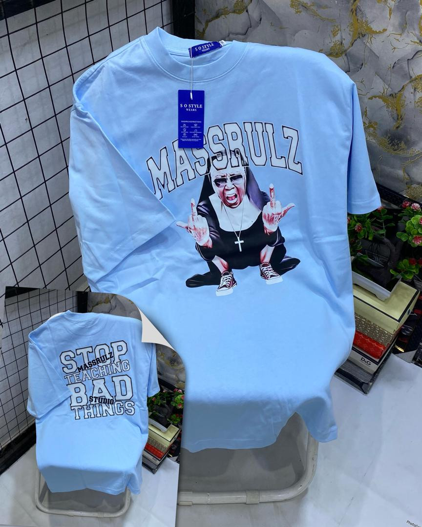 Light Blue Oversized Graphic T-Shirt Nun Middle Fingers Massrulz Stop Teaching Bad Things Back Print Short Sleeve Streetwear Unisex Hype Casual Top S O Style