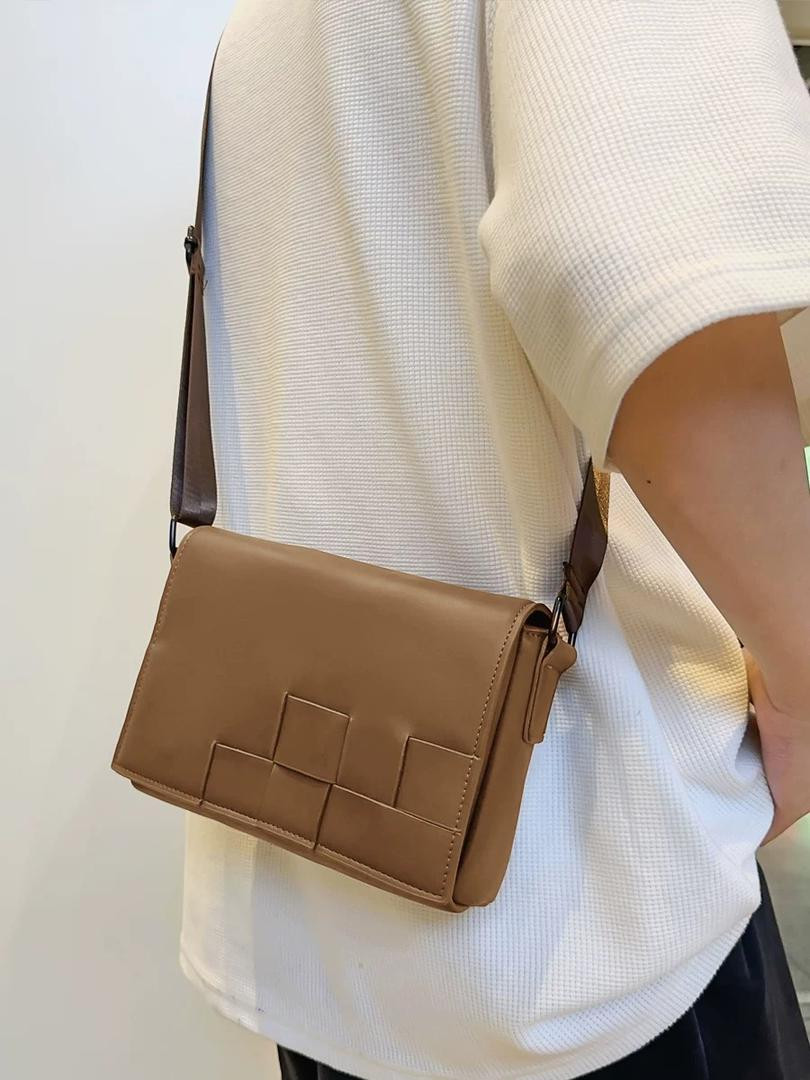 Faux Leather Mini Crossbody Bag Geometric Puzzle Flap Adjustable Strap Casual Shoulder Purse
