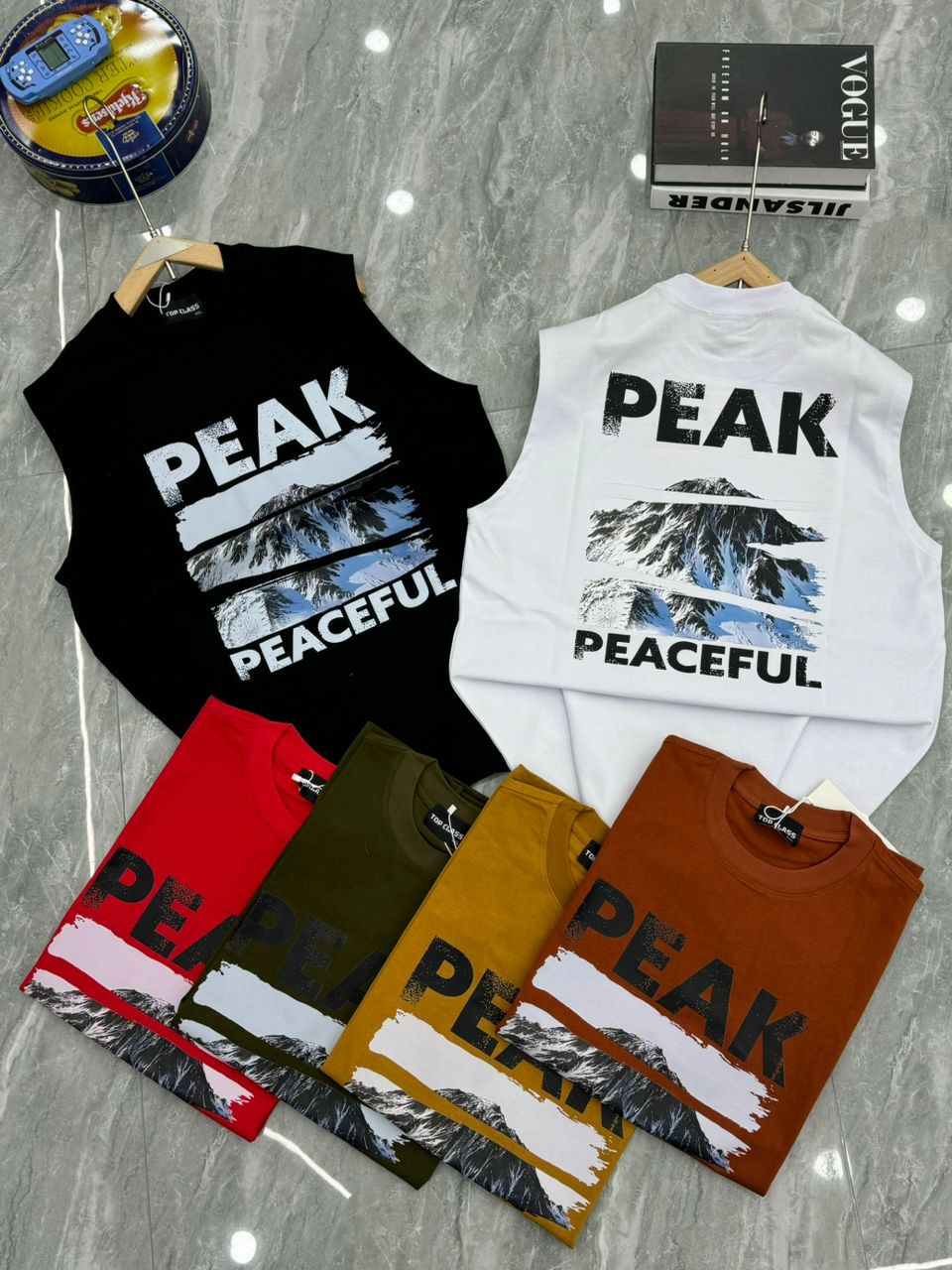 Oversized Sleeveless Tank Top "PEAK PEACEFUL" Mountain Graphic Distressed Print Streetwear Muscle Tee Black White Red Green Yellow