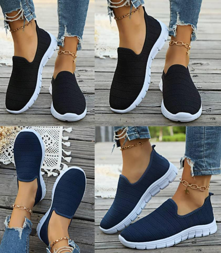 Breathable Mesh Knit Slip-On Sneakers - Lightweight Women Walking Shoes White Platform