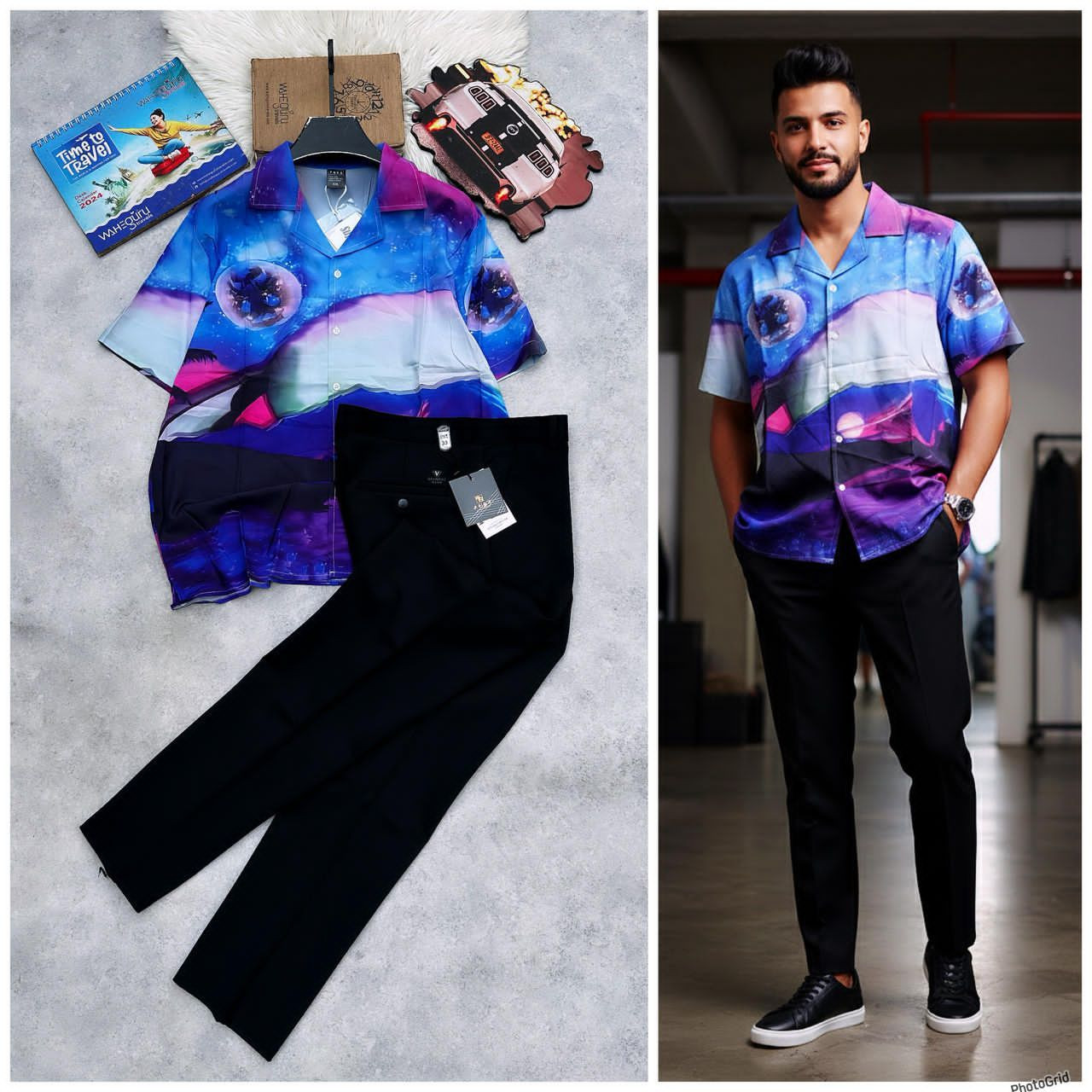 Cosmic Galaxy Print Short-Sleeve Button-Up Shirt + Black Tailored Dress Pants Two-Piece Set