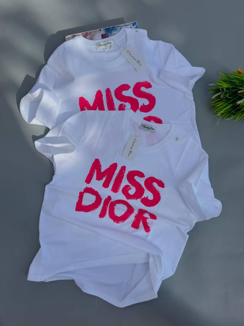 Miss Dior" Streetwear Graphic Tee - Premium White Cotton Urban T-Shirt - Bold Magenta Typography Boutique Top
