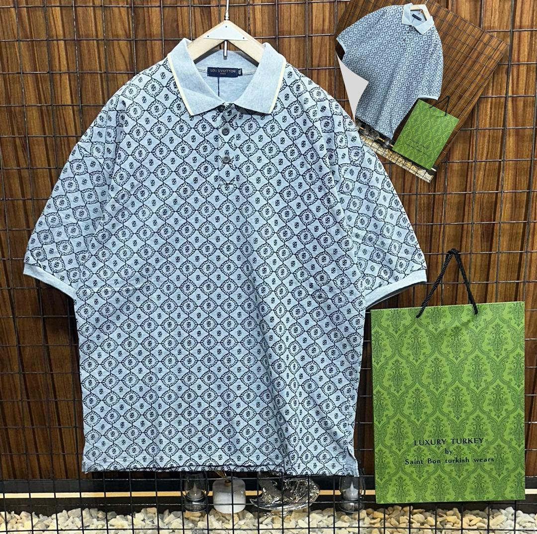 Light Blue Monogram Polo Shirt Oversized Short Sleeve Button Up LV Inspired Luxury Preppy Streetwear Unisex Casual Top Turkish Made