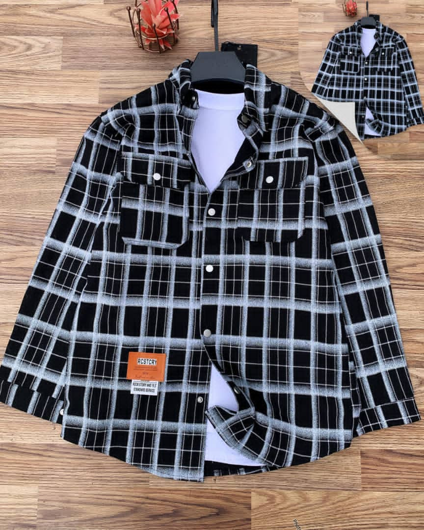 Oversized Plaid Flannel Shirt - Black White Checkered Button-Up Overshirt Unisex
