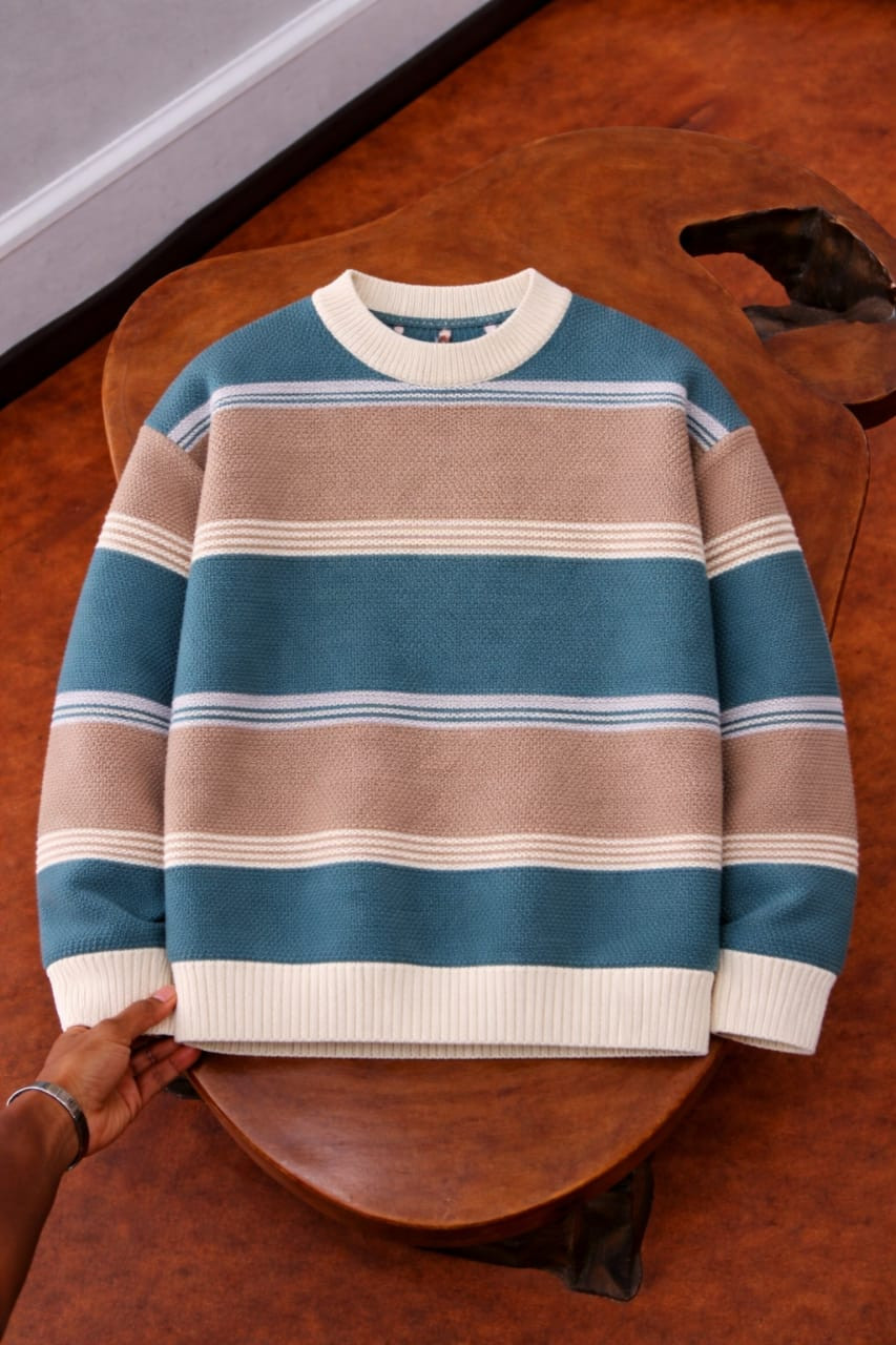 Striped Crewneck Sweater Teal Beige Cream Ribbed Knit Pullover Chunky Long Sleeve Streetwear Jumper