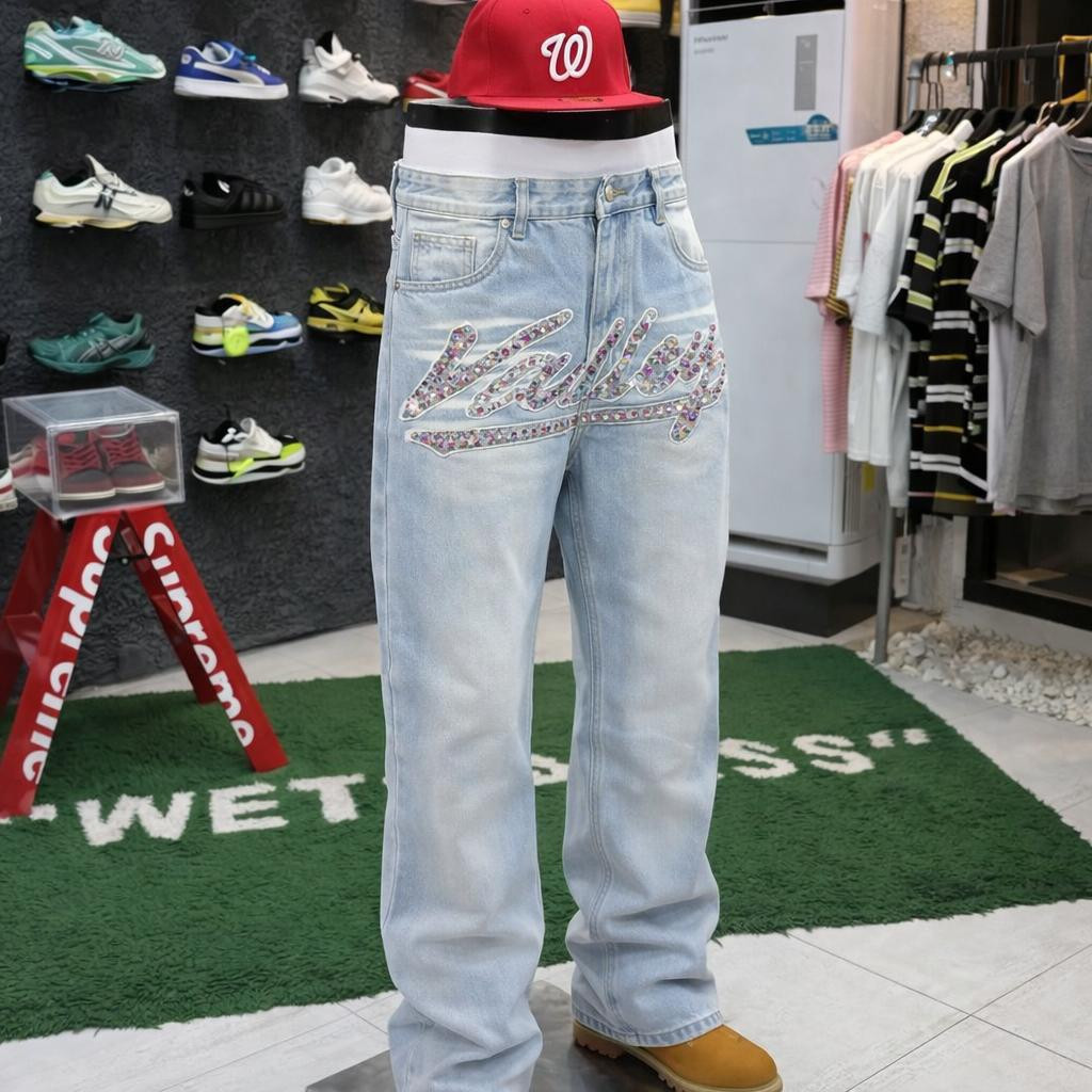 Light Wash Rhinestone "Valley" Jeans Baggy Streetwear Crystal Embellished Denim Pants Bedazzled Back Pocket