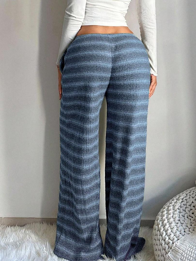 Women’s High-Waist Striped Knit Lounge Pants - Wide-Leg Soft Texture Trousers - Relaxed Fit Bohemian Casual Bottoms