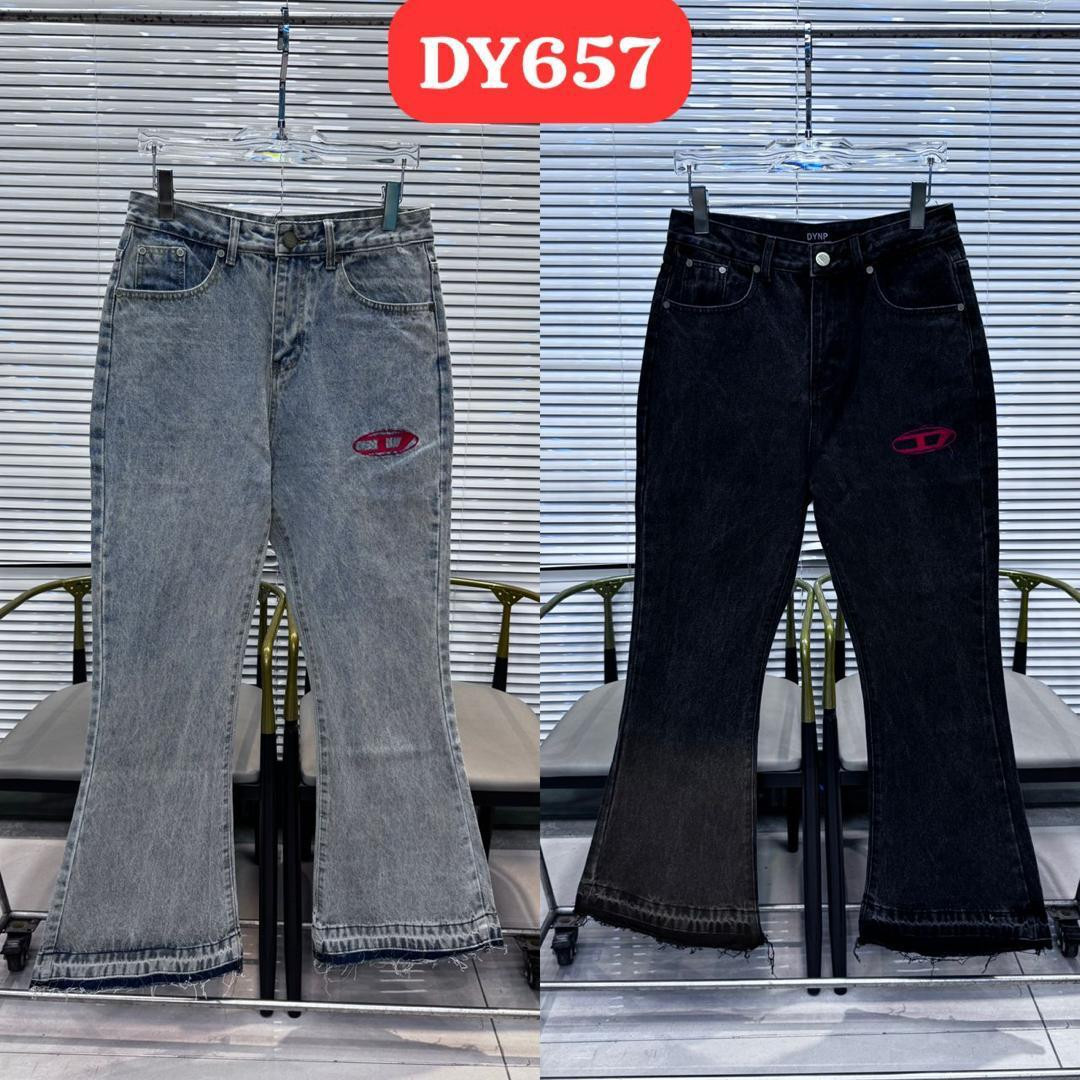 DY657 Flared Jeans High Waist Bell Bottom Denim Light Gray & Black Wash Patch Accent Streetwear Pants