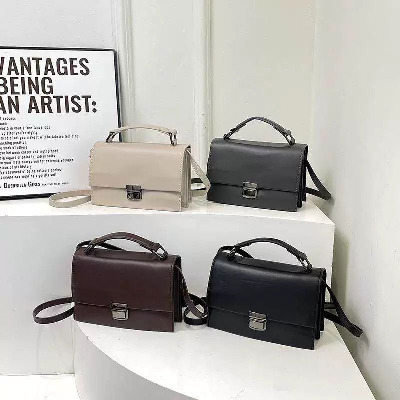 Mini Faux Leather Top-Handle Crossbody Bag Retro Satchel Purse Adjustable Strap Beige Black Brown Navy Casual Shoulder Bag