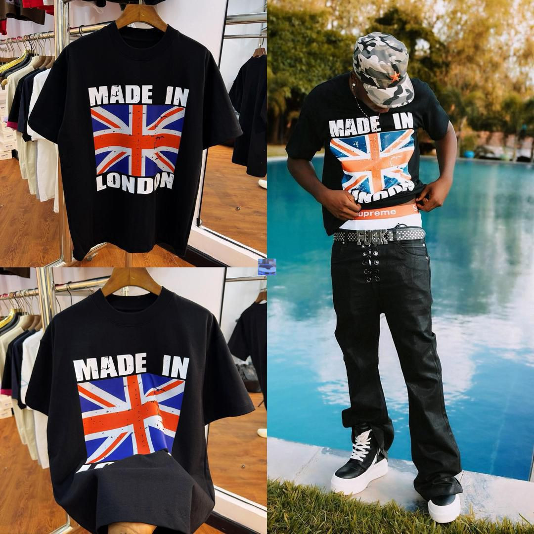 Men’s Union Jack Graphic Tee - "Made in London" Distressed Flag Print - Oversized Heavyweight Cotton T-Shirt with Stencil Typography