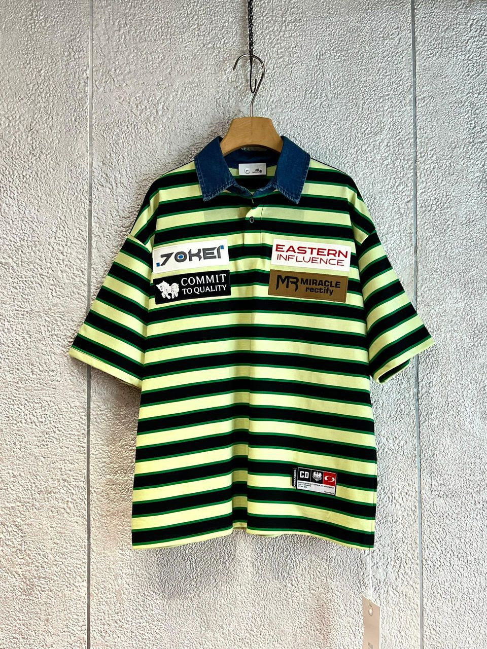 Striped Rugby Polo T-Shirt Oversized COMMIT TO QUALITY MR MIRACLE Print Quarter Zip Unisex Streetwear Retro Preppy Pullover