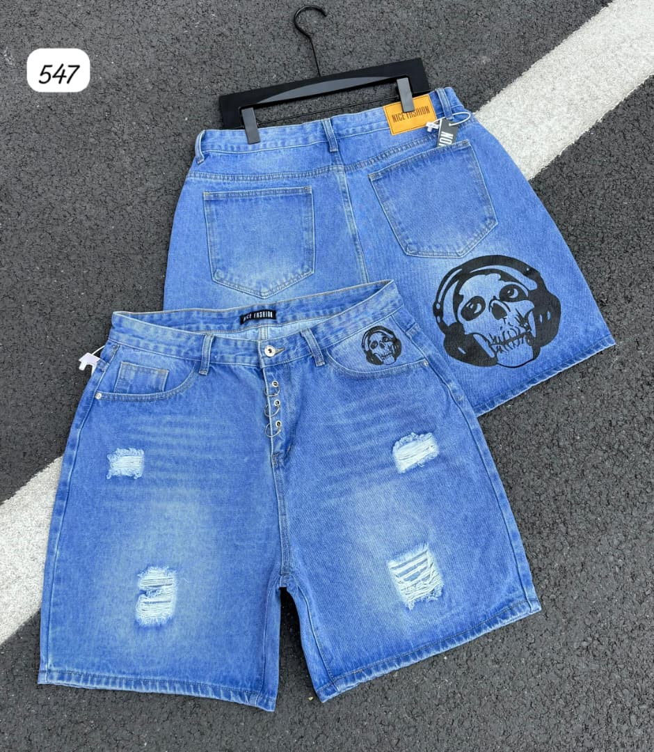 Light Bleach Wash Distressed Denim Shorts Skull Headphones Back Pocket Print Baggy Jorts