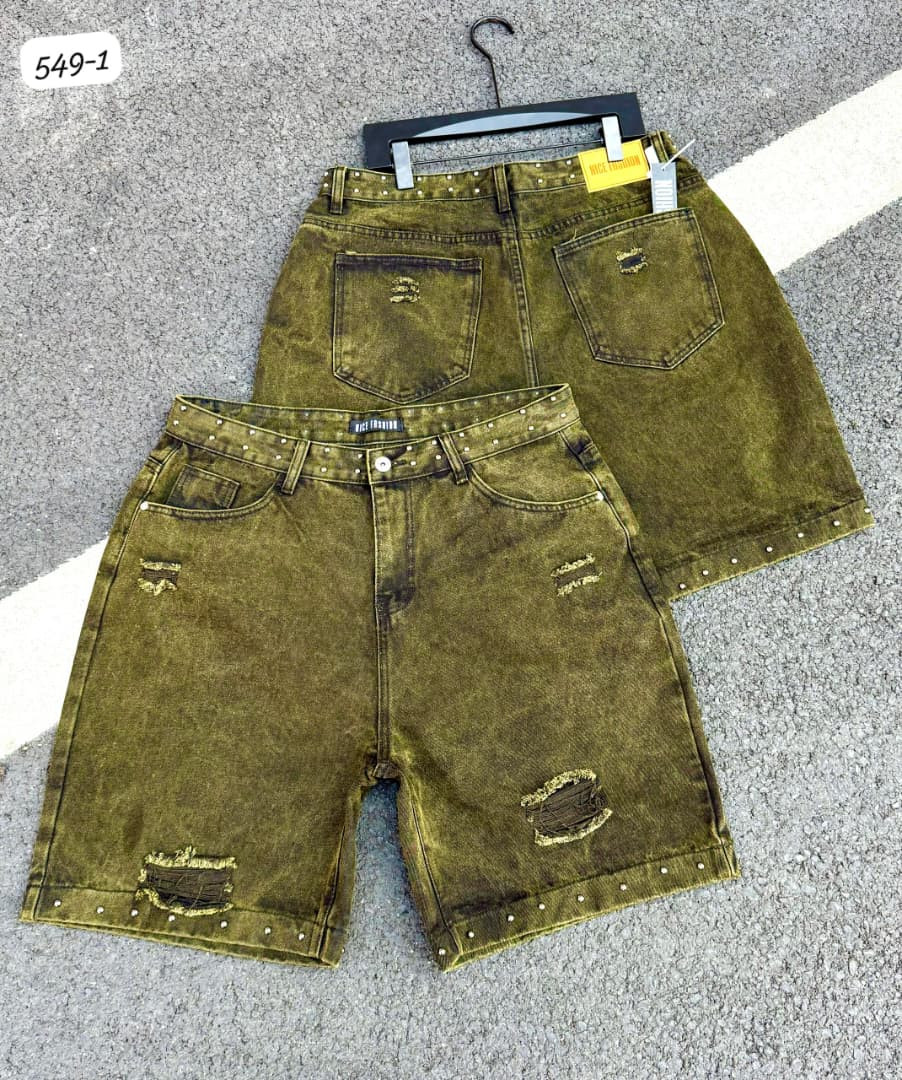 Olive Green Studded Bleach Wash Distressed Denim Shorts Ripped Pockets Baggy Jorts