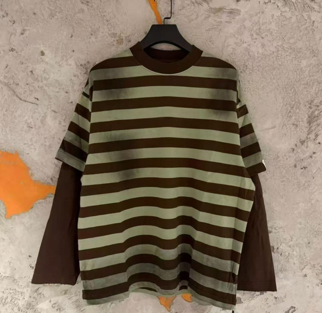 Oversized Striped T-Shirt Men's/Women's Long Sleeve Casual Loose Fit Brown Green Striped Tee Streetwear Y2K Top