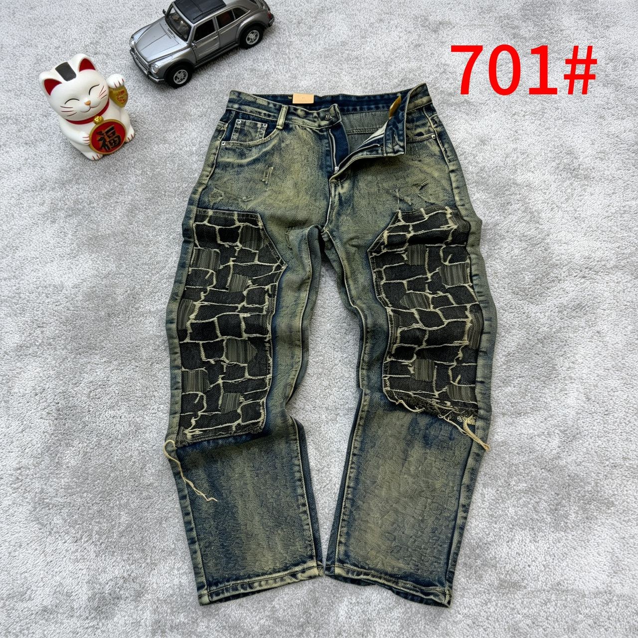 Men's Vintage Acid Wash Patchwork Jeans - Cyberpunk Distressed Straight Leg Denim, Harajuku Hip Hop Pants with Textured Patches