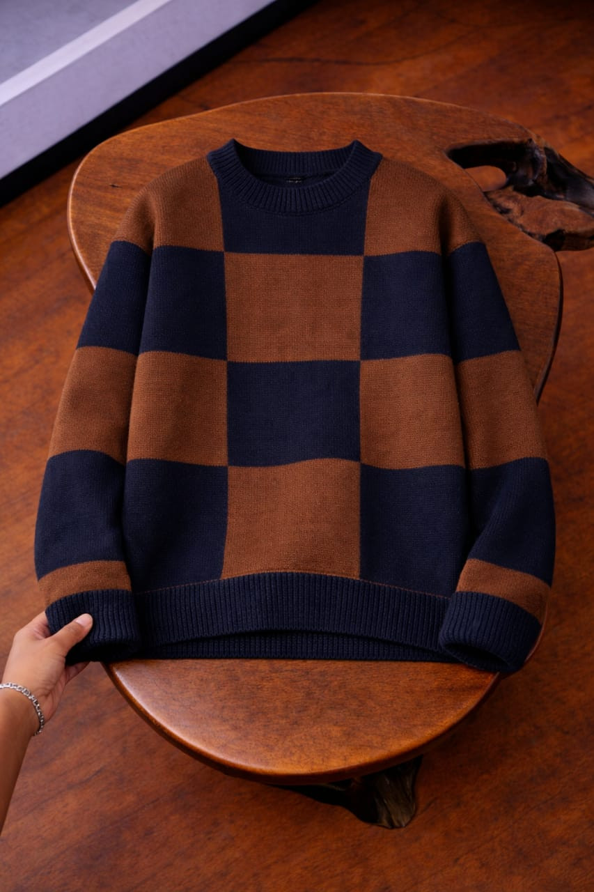 Checkerboard Sweater Brown Navy Grid Pattern Crewneck Knit Pullover Chunky Ribbed Streetwear Jumper