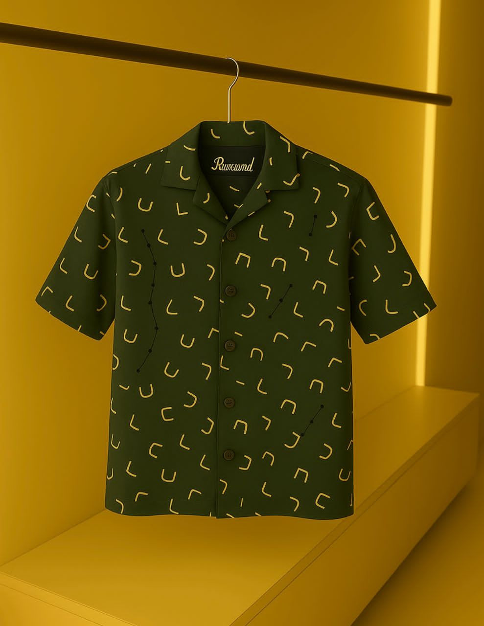 Green Camp Collar Shirt Short Sleeve Button Up All-Over U Motif Print Oversized Streetwear Casual Top Rosmill Style