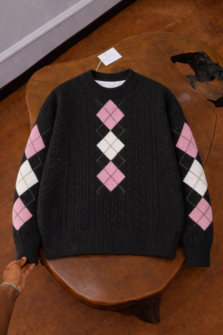 Black Oversized Argyle Cable Knit Sweater Pink White Diamond Pattern Crewneck Pullover Streetwear Preppy Jumper