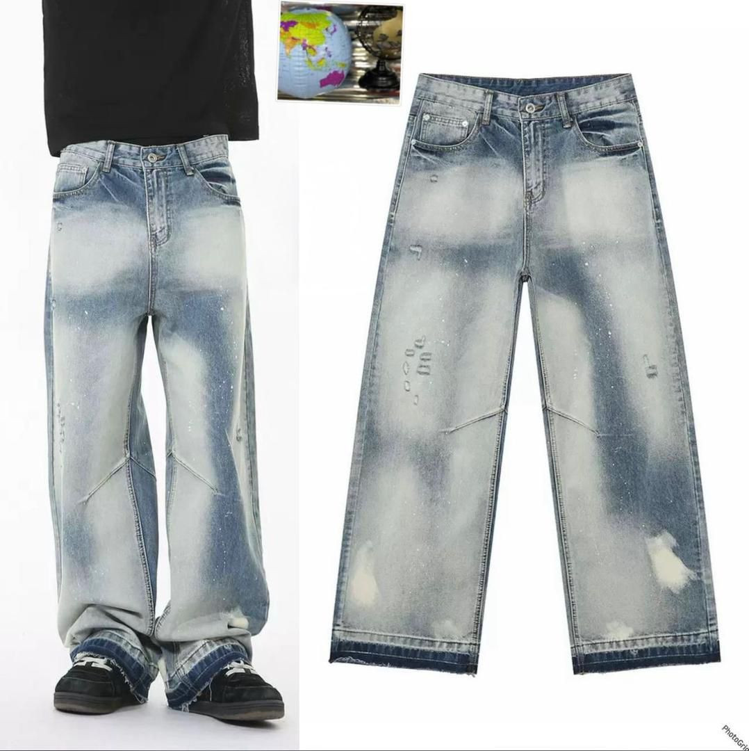 Men's Vintage Paneled Wide Leg Skater Jeans - Distressed Acid Wash Baggy Denim - Retro Y2K Loose Fit Trousers with Double Layer Raw Hem