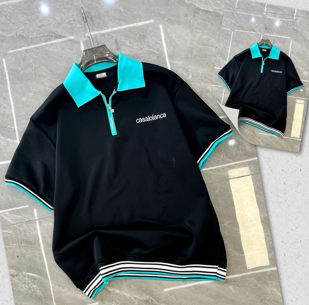 Mint Teal Casablanca Style Polo Shirt Blue Orange Striped Collar Oversized Short Sleeve Polo Unisex Preppy Streetwear