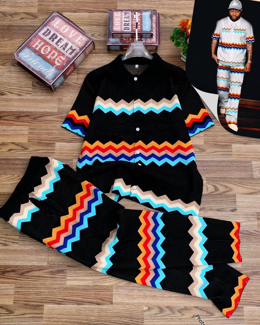 Oversized Zigzag Knit Co-ord Set - Multicolor Wave Stripe Shirt & Pants Lounge Outfit