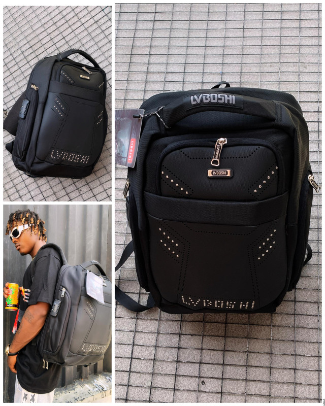 Black Studded Tactical Backpack Men's Hard Shell Mini Backpack LVBOSHI Style Perforated Crossbody Bag