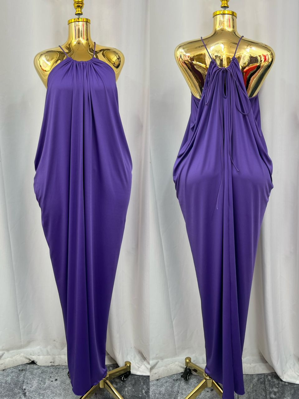 Women's Purple Halter Neck Maxi Dress Elegant Draped Flowy Long Dress Sleeveless Backless Summer Beach Party Gown