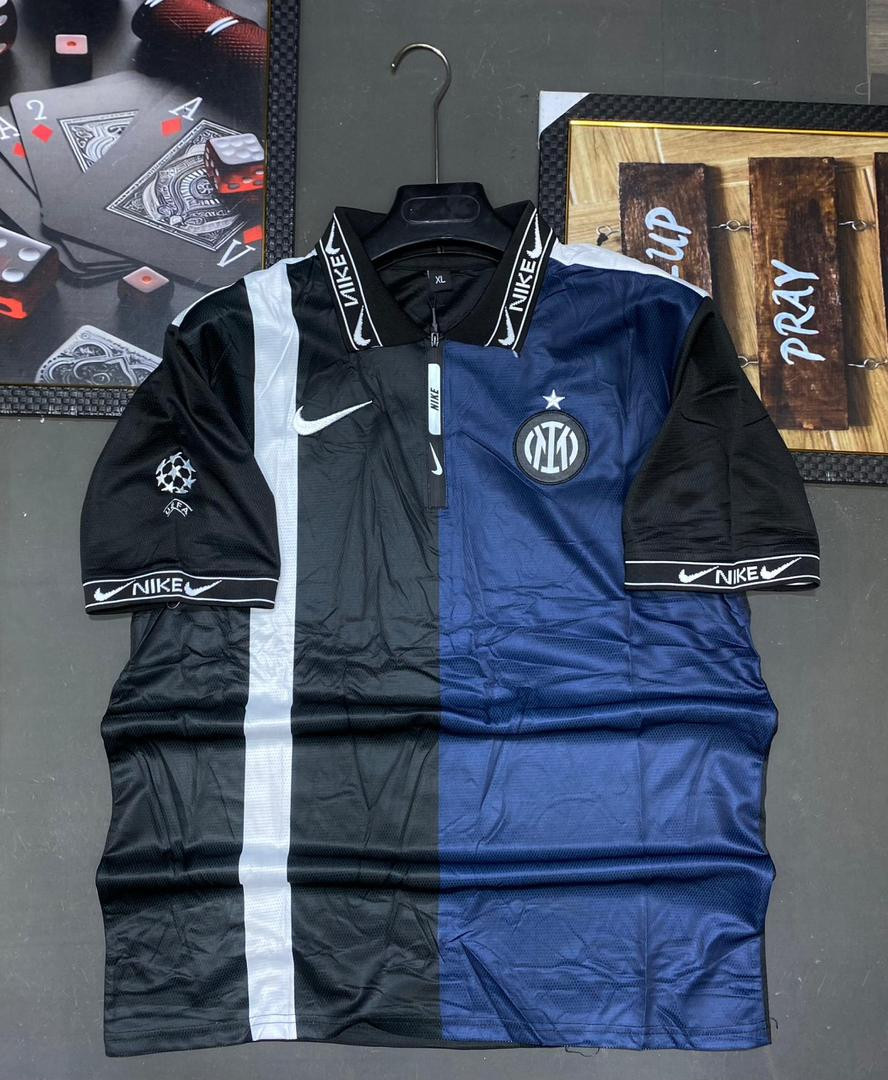 Inter Milan Black Blue White Split Polo Jersey - Nike Style UCL Patch Shirt XL