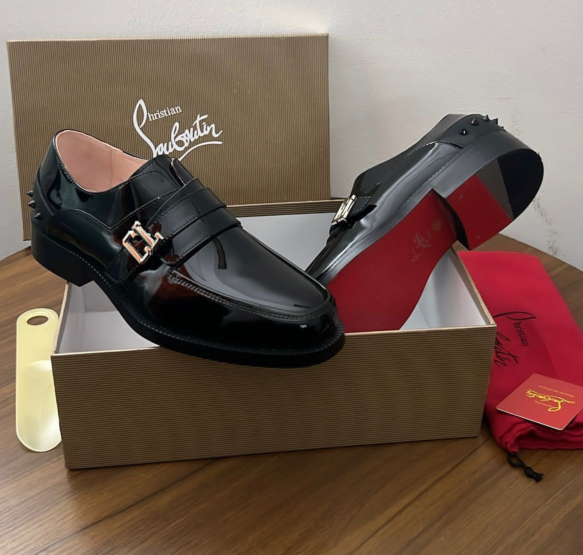 Louboutin Inspired Black Platform Loafers Patent Shine Spikes Red Sole Flash Oversized Streetwear Unisex Casual Loafer