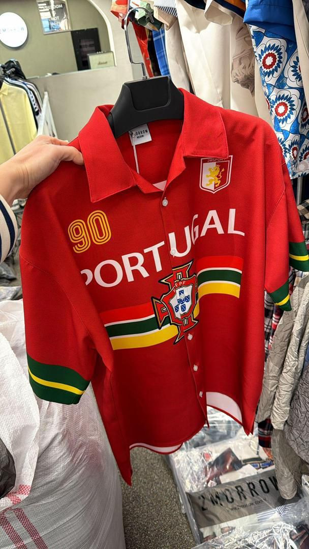 Men's Vintage Portugal Football Inspired Resort Shirt - Red Retro Soccer Jersey Style Button-Down - Urban Blokecore Streetwear - Loose Fit Camp Collar Top